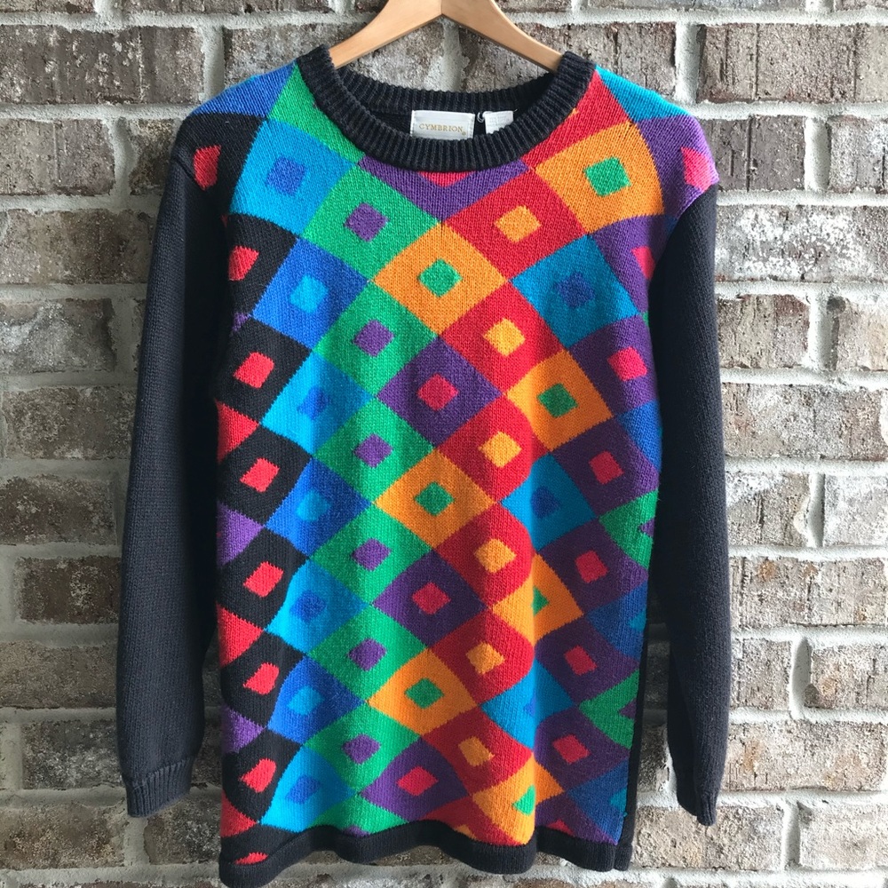 Vintage 90s Color Block Oversized Sweater Y2K in Living Color